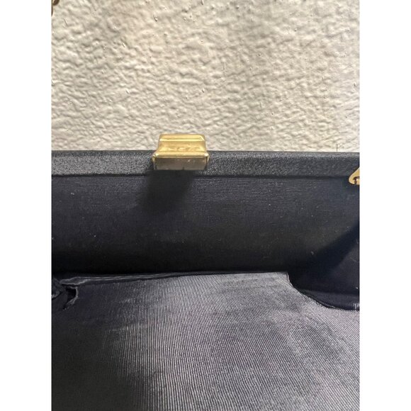 Vintage Black Satin Clutch Purse With Gold Chain Strap & Frame - Picture 5 of 7